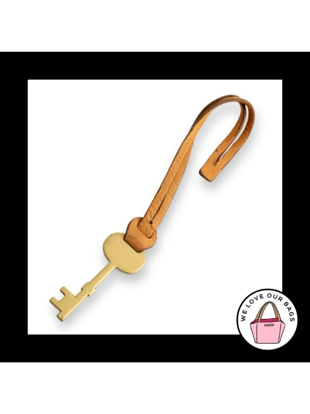 Y2K FOSSIL KEY Gold Brass Metal Brown Leather Strap Bag Charm Hang Tag Fob